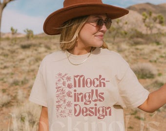 Comfort Colors C1717 Ivory Oversized Mockup, Ivory 1717 Front of Shirt, Western Boho Aesthetic, Outdoor Lifestyle Model Mock