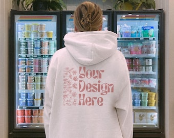 Felpa con cappuccio Gildan 18500 bianca, modello reale, per negozio di alimentari e commissioni, streetwear Y2K.