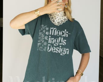 Comfort Colors 1717 Blue Spruce Real Lifestyle Mockup, Oversized C1717 Tshirt, Minimalist Mock Trendy Selfie Pinterest