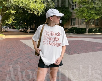 White Comfort Colors 1717 Mockup, Real Person Streetwear Style, Outdoor Lifestyle C1717 Mocks