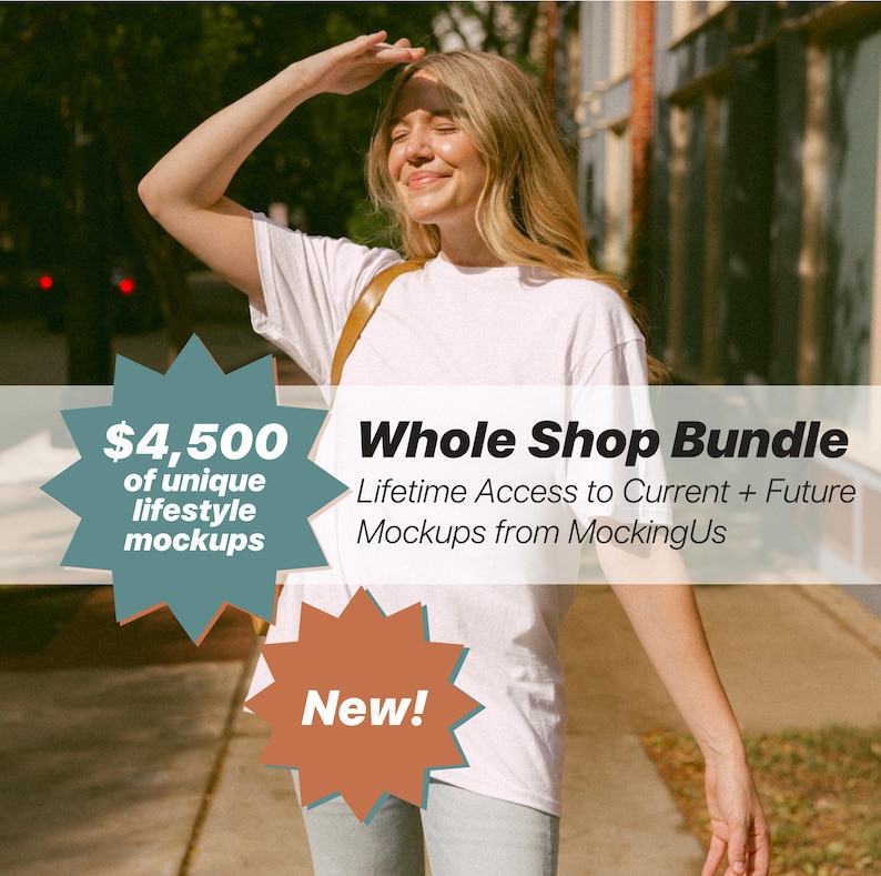 Preview image of a real woman wearing a Gildan 5000 posing candidly in the city. This is a preview image for the MockingUs Whole Shop Lifetime Access Bundle with other 1,000 lifestyle mockups.