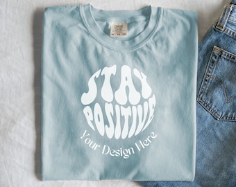 Chambray Comfort Colors C1717 Mockup Flat Lay, Blue Tshirt Mock-up, Folded Shirt Mock, Minimalist Comfort Colors Mockups, Cute Flatlay Mocks