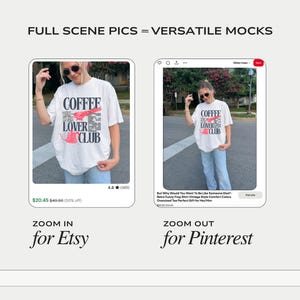 The image is a collage of two photos featuring a person wearing a white t-shirt with the text "COFFEE LOVER CLUB" printed on it. The person is standing on a street, and the image includes text that provides information about the t-shirt, such as its price and the website for purchasing it.