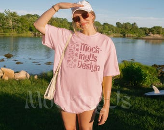 Comfort Colors 1717 Blossom Mockup Real Model | Coastal Beach Lifestyle