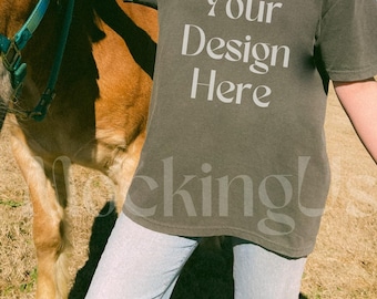 Comfort Colors C1717 Pepper Mockup Horse | Western Equestrian Farm Lifestyle Real Model T-Shirt