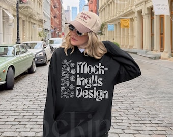 Maqueta de sudadera con capucha negra real, maqueta de Gildan 18500 negra, maqueta de sudadera con capucha estilo de vida, maqueta de sudadera con capucha negra de Pinterest, maqueta de ropa urbana grunge