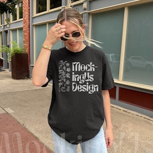 Black Comfort Colors Mockup C1717 Lifestyle Mockup | CC 1717 TShirt Mock-up Black | Front of Shirt | Oversized Trendy Outdoors | Black Tee