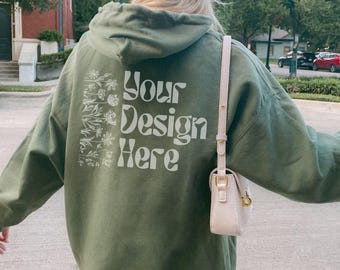 Gildan 18500 Military Green Mockup, Back of Hoodie Mockup Army Green, Streetwear Y2K Lifestyle Mockup, VSCO Aesthetic, Trendy Oversized Mock