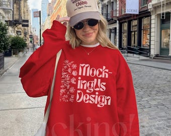 Gildan 18000 Red Sweatshirt Real Mockup | Oversized NYC Streetwear