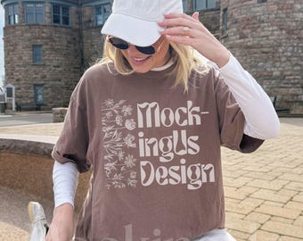 Comfort Colors 1717 Espresso Lifestyle Mockup, Real Person Oversized C1717 Tshirt Brown, Coastal Streetwear