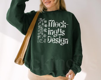 Gildan 18000 Forest Green Mockup Real Model G180 Oversized Crewneck Minimalist Mock