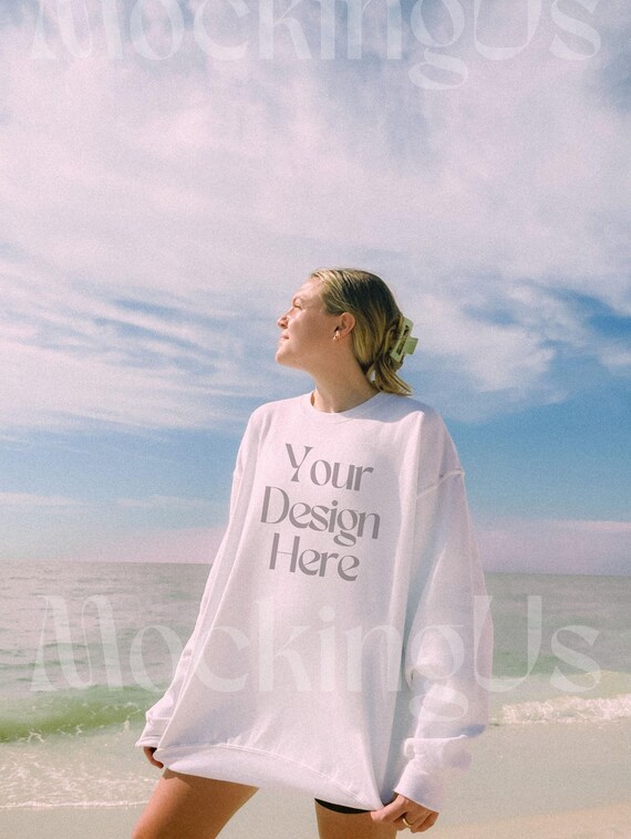 Gildan 18000 White Real Beach Mockup, Oversized Crewneck Sweatshirt, Bridal Bachelorette Theme