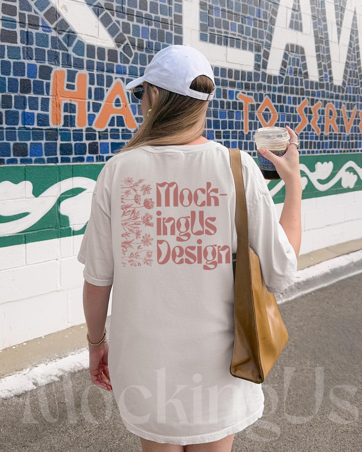Ivory Comfort Colors T-shirt Back Real Model | Ivory C1717 Streetwear Mockup | Oversized Tee Outdoor Lifestyle Mock Pinterest Aesthetic