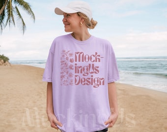 Comfort Colors 1717 Orchid Tshirt Real Mockup | Oversized Beach Lifestyle