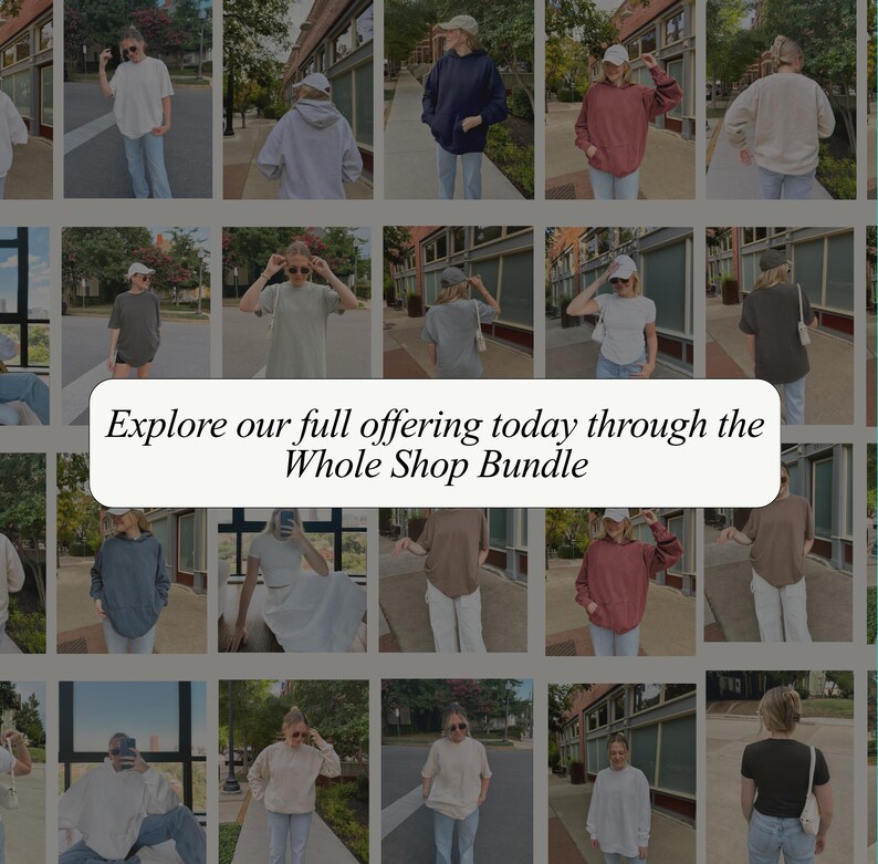 The image is a collage of various people in different outfits, with a central message encouraging exploration of the full offering at the Whole Shop Bundle.