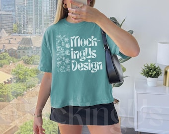 Comfort Colors 3023 Chalky Mint Mockup, 3023CL Chalky Mint Boxy Tee, Oversized Crop Tee Mock Up, Mint Tshirt Lifestyle Mocks Streetwear