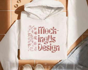 Gildan 18500 White Hoodie Mockup Flat Lay | Folded G185 Real Flatlay Mock