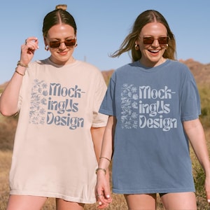 Ivory Blue Jean 1717 Two Person Outdoor Mockup, Comfort Colors C1717 Ivory and Blue Jean, 1717 Lifestyle Mockup, Double Mockup Western Bach