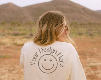 Comfort Colors 1717 Ivory Shirt Mockup Back View Desert Sunset Outdoor Lifestyle Real Model