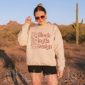 Sand Gildan 18000 Mockup Front Desert Sunset Boho Outdoor Real Model G180 Crewneck