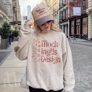 Sand Sweatshirt Mockup Trendy, Gildan 18500 Sand Lifestyle Mockup, Beige Crewneck Mock Up Outdoors, Gildan Real Mockup, City Influencer Mock