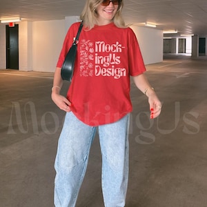 Red T-shirt Mockup Grunge, Comfort Colors 1717 Red Shirt Real Model, Tshirt Lifestyle Mockups, C1717 Red Streetwear Mock-up Trendy Christmas