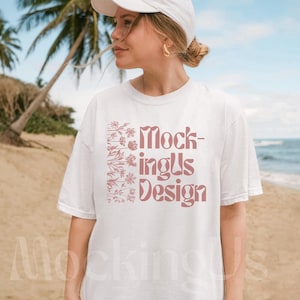 Comfort Colors TShirt White Beach Mockup, C1717 Real Model Summer Mock Up, Oversized Lifestyle Mocks Bachelorette image 1