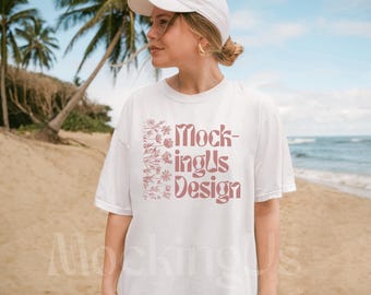 Comfort Colors TShirt White Beach Mockup, C1717 Real Model Summer Mock Up, Oversized Lifestyle Mocks Bachelorette
