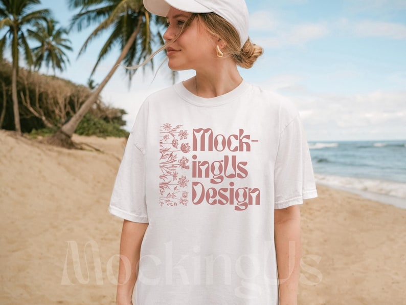 Comfort Colors TShirt White Beach Mockup, C1717 Real Model Summer Mock Up, Oversized Lifestyle Mocks Bachelorette image 1