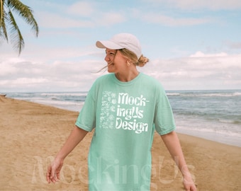 Comfort Colors C1717 Mockup Island Reef, Oversized Tee - Real Model, Beach Mock Up Outdoors