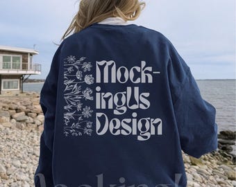 Navy Gildan 18000 Back Mockup Coastal Streetwear Outdoor Lifestyle Real Model G180