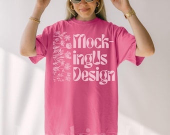 Comfort Colors 1717 Crunchberry Pink Tshirt Mockup, Real Model Oversized Mock, Minimalist Trendy