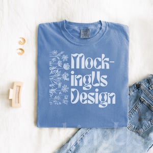 Comfort Colors Flo Blue C1717 TShirt Flat Lay Mockup | 1717 Flo Blue Folded T-shirt Mock-up | Trendy Flatlay Simple Mock Up | Real Mockup