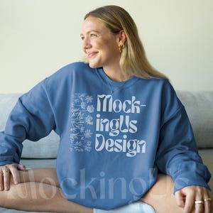 Gildan 18000 Indigo Blue Mockup, Indigo Blue Sweatshirt Mock-up, Blue Crewneck Lifestyle Mocks Real Model, Indigo Blue Gildan Mock Up