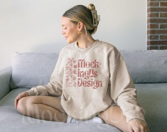Sand Gildan 18000 Mockup Real, G180 Crewneck BeigeSweatshirt, Simple Boho Mockups