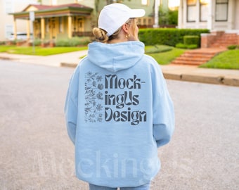 Light Blue Gildan 18500 Back Mockup Streetwear Outdoor Lifestyle Real Model G185