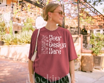 Comfort Colors 1717 Crimson Tshirt Real Mockup | Oversized Shirt Lifestyle Mock VSCO