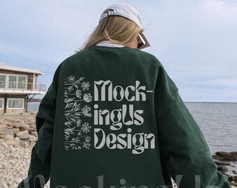 Forest Green Gildan 18000 Back Mockup Coastal Streetwear Outdoor Lifestyle Real Model G180 Crewneck