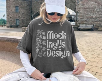Comfort Colors C1717 Pepper Mockup, Real Person Tshirt Streetwear, Outdoor Lifestyle, Castle Background