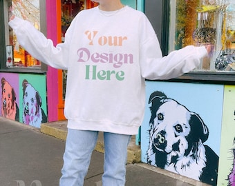 Gildan 18000 White Sweatshirt Real Mockup | Dog Pet Lifestyle Mock