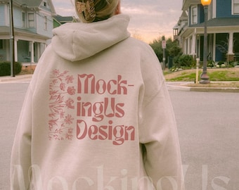 Gildan 18500 Sand Hoodie Mockup Oversized Real Model Back View City Sunset Streetwear