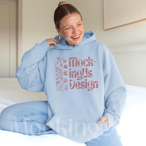 Light Blue Gildan 18500 Mockup, Front of Hoodie Light Blue G185 Oversized Mock-up, Blue Hoodie Styled Mock Up Simple Trendy Real Model Clean