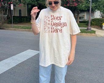Comfort Colors 1717 Ivory Shirt Mockup Real Model Outdoor Lifestyle Summer Oversized Tee Mock Realistic