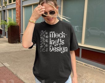 Black Tshirt Mockup Real Person, Comfort Colors C1717 Outdoor Lifestyle, Oversized Street Style Mock-up