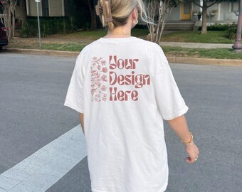 White TShirt Back Mockup Real Model, Comfort Colors 1717 Oversized Shirt, Outdoor Streetwear Mocks