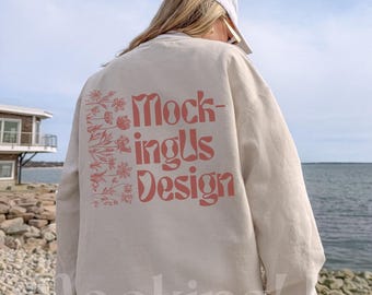 Sand Gildan 18000 Back Mockup Coastal Streetwear Outdoor Lifestyle Real Model G180