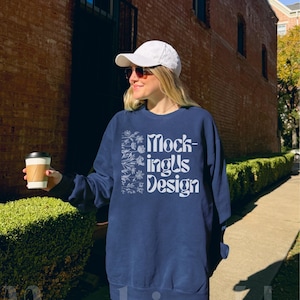 True Navy Comfort Colors 1566 Mockup | C1566 True Navy Front | Navy Comfort Colors Oversized Crewneck | Outdoor Lifestyle Mockups Real Model