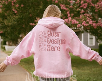 Gildan 18500 Light Pink Hoodie Mockup Back View Spring Garden Outdoor Flowers Lifestyle