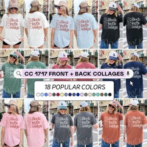 以下が含まれることがあります： 様々な色のTシャツのコラージュ。各Tシャツには「Mockinglis Design」の文字と花の装飾が施されています。画像はシャツの前面と背面を示しており、18色のカラーパレットがあります。「CC 1717 FRONT + BACK COLLAGES」の文字も表示されています。