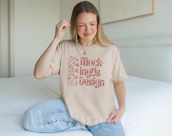 Sand Gildan 5000 Shirt Mockup Neutral Boho Bedroom Lifestyle Real Model G5000 Front